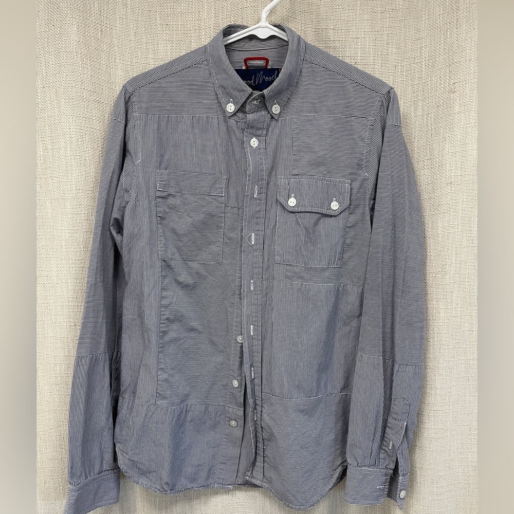 Wood Wood Pinstripe Shirt in Blue and White patchwork